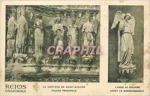 Cartes postales Reims Cathedrale le cortege de Saint Nicaise facade principale l'ange au sourire avant le bombar