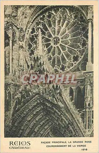 Cartes postales Reims cathedrale facade principale la grande rose couronnement de la vierge