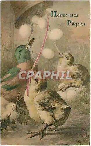 Cartes postales Heureuses Paques Poussins Canard Cloche