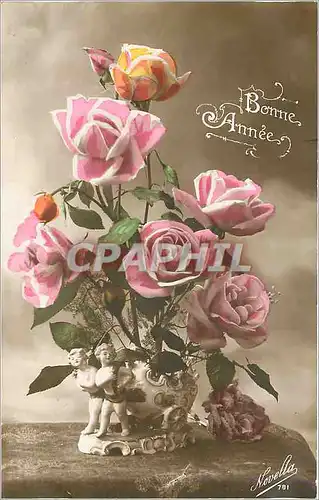 Cartes postales Bonne Annee Fleurs Santons