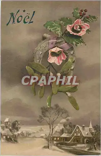 Cartes postales Noel Fleurs Fer a cheval Moulin