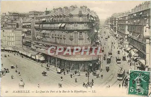 Cartes postales Marseille le quai du port et la rue de la republique Samaritaine Tramways