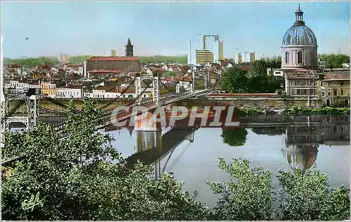 Moderne Karte Toulouse la ville rose vue plongeante sur la Garonne au pont suspendu l'eglise St Nicolas et le