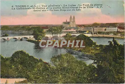 Cartes postales Tours - Vue generale  - La Loire - Le Pont de Pierre - La Cathedrale St-Gatien et la partie Nord