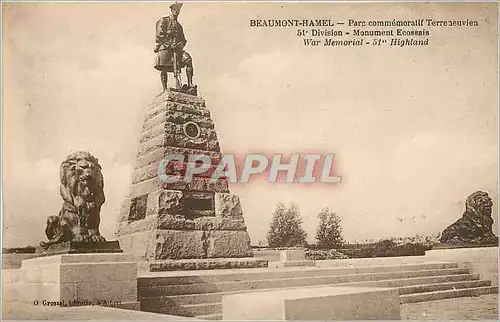 Ansichtskarte AK Beaumont-Hamel Parc commemoratif Terreneuvien 51e division Monument ecossais Lion