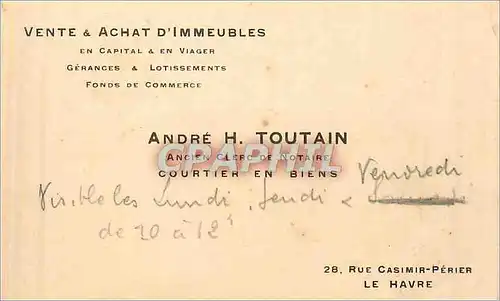 Carte de visite Vente Achat d'Immeubles Gerances Lotissements Fonds de Commerce  Andre toutain Rue C