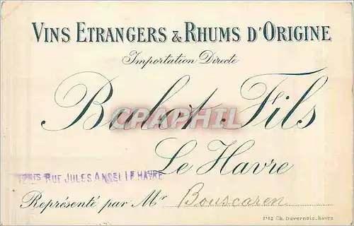 Carte de Visite Vins Etrangers Rhums d'Origine Le Havre Bulot & Fils