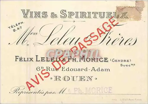 Carte de visite Vins Spiritueux Mon Leleu Freres Rouen