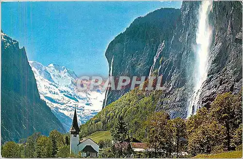 Cartes postales moderne Lauterbrunnen Staubbachfall mit Kirche und Grosshorn