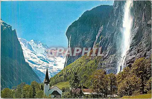 Moderne Karte Lauterbrunnen Staubbachfall mit Kirche und Grosshorn