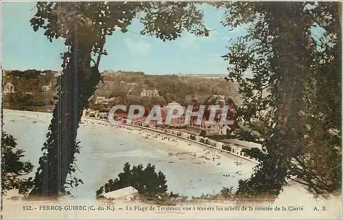 Cartes postales Perros Guirec C du N La Plage de Trestraou vue a travers les arbres de la montee de la Clarie