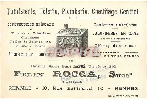 Carte de Visite Fumisterie Tolerie Plomberie Chauffage Central Rennes Rue Bertrand