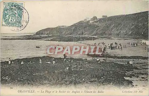 Cartes postales Granville-La plage et le Rocher des Anglais a l'heure des Bains