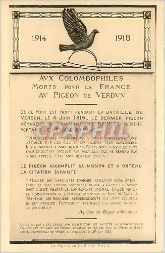 Cartes postales Aux Colombophiles Morts Pour La France Au Pigeon de Verdun Colombe Militaria