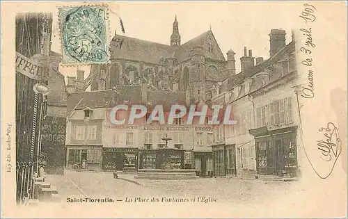 Cartes postales Saint Florentin La Place des Fontaines et l'Eglise Epicerie Mercerie Coiffeur