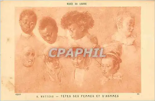 Cartes postales Musee du Louvre A Watteau tetes des femmes set d'hommes