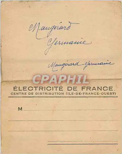 Fiche Quittance  Electricite de France Le Pecq St Germain en Laye