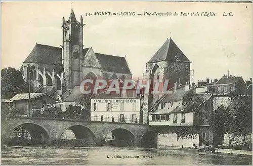 Cartes postales Moret sur Loing Vue d' ensemble du Pont et de l'Eglise Epicerie Mercerie