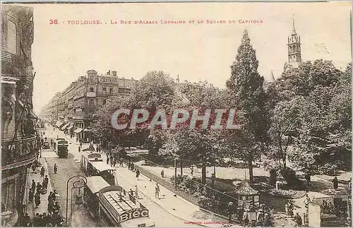 Cartes postales Toulouse La Rue d'Alsace Lorraine et le Square du Capitole Tramway Cafes Biec Publicite