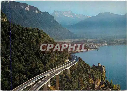 Cartes postales moderne Montreux autoroute du Leman chateau de chillon villeneuve et les Dents di Midi