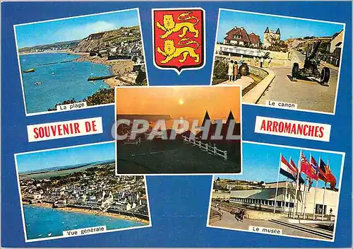 Moderne Karte Arromanches (Calvados) Lion La plage Le canon Vue generale Le musee