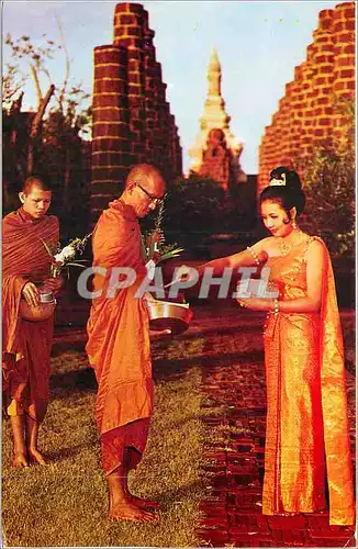 Moderne Karte A Thai Young girl is making merit by giving foods to the priest