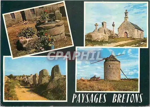 Cartes postales moderne La bretagne Puits chapelle alignements de Carnac et moulin