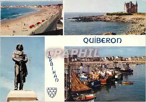 Moderne Karte Bretagne presqu'ile de Quiberon Vue generale de la plage et du port La statue de Hoche