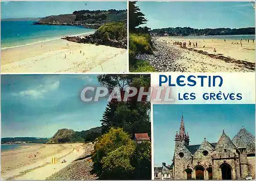 Moderne Karte La Bretagne en Couleurs Plestin le Greves (C du N) La Plage le roche legendaire et l'Eglise