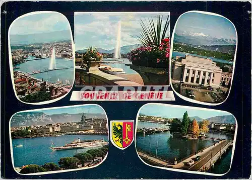 Moderne Karte Geneve Vue aerienne Le jet d'eau Le palais des Nations La rade L'ile JJ Rousseau