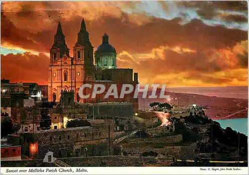 Moderne Karte Sunset over Mellieha Parish Church Malta