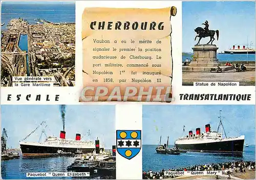 Moderne Karte Cherbourg (Manche) Vue generale de la gare maritime Statue de Napoleon Paquebot Queen Mary Queen