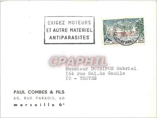 Carte Paul Combes et Fils marseille Flamme Exigez Moteurs et autre materiel Antiparasites 1966