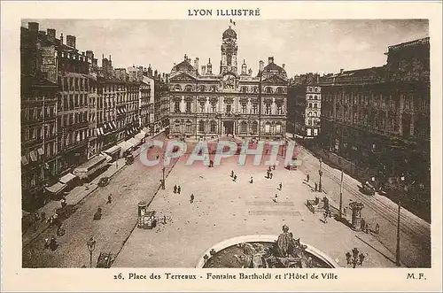 Cartes postales Lyon Illustre Place des Trreaux Fontaine Bartholdi l'Hotel de Ville