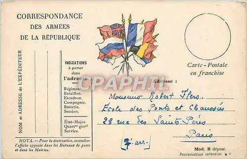 Carte de Franchise Militaire Robert Flers Rue des Saints Peres Paris