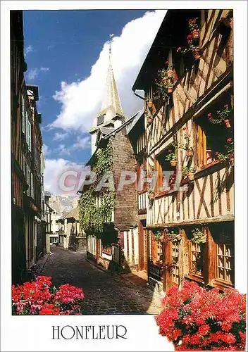 Moderne Karte Honfleur Calvados Vieille rue typique et le clocher de Sainte Catherine