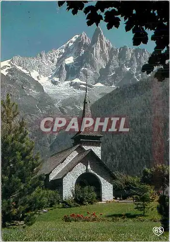 Moderne Karte La Vallee de Chamonix Haute Savoie La Chapelle des Praz devant l'Aiguille verte et les Drus