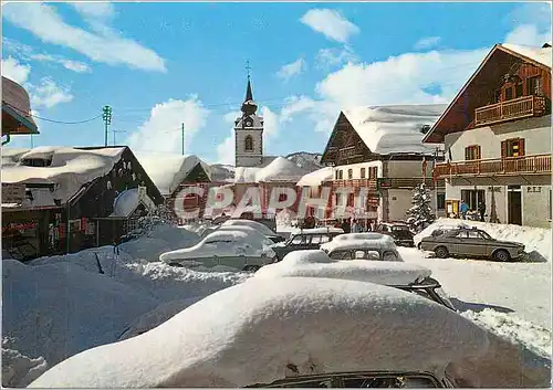 Moderne Karte Notre Dame de Bellecombe Soleil sur la Station apres une nuit de neige