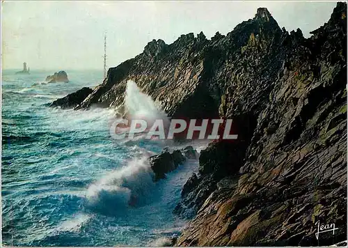 Moderne Karte La Bretagne Tempete d'Equinoxe sur la Pointe du Raz et le phare de la Vieille Sud Finistere