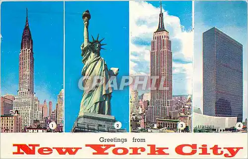 Moderne Karte Greetings from New York City Chrysler Building Statue of Liberty Empire Statue Building United N