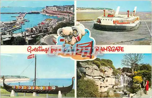 Moderne Karte Greeting from Ramsgate Town and Harbour International Hoverport Viking Ship The Waterfall Bateau