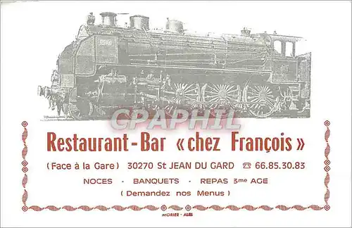 Carte de visite Restaurant Bar Chez Francis Face a la Gare St Jean du Gard  Train