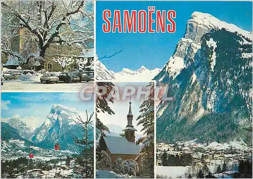 Cartes postales moderne Samoens Haute Savoie L'eglise et le gros Tilleul Vue generale et le Criou sous la neige