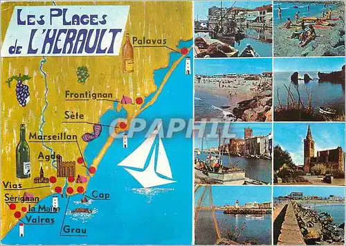 Moderne Karte Les Plages de l'Herault Palavos Frontignan Marseillan le Cap D'Agde Palavas