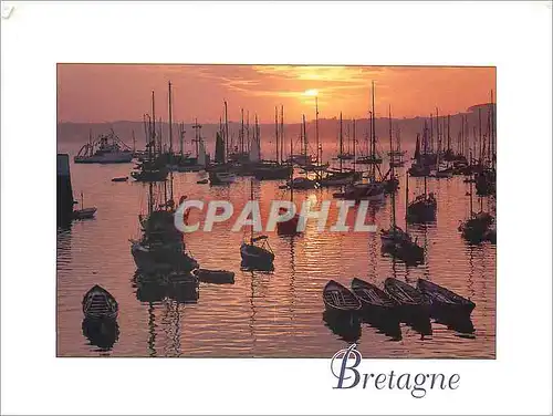 Moderne Karte Couleurs de Bretagne Soleil couchant sur la Port Bateaux