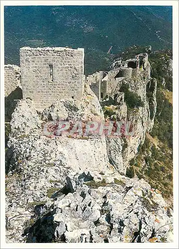 Moderne Karte Pays Cathare Chateau de Peyrepertuse Au bord de l'abime la chapelle San Jordi et le chateau Bas