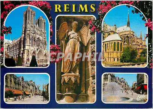 Cartes postales moderne En Chapagne Reims (Marne) La Cathedrale N D La Facade l'ange au Sourire et le Chevet la place Dr