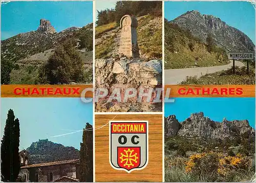 Cartes postales moderne En Pays Occitn chateaux Cathares Queribus Mintsegur Puilaurens Peyrepertuse en centre la croix c