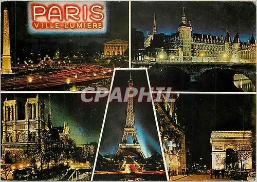 Cartes postales moderne Paris la niut Place de la Concorde la Conciergerie la cathedrale N D de Paris La Tour Eiffel l'A