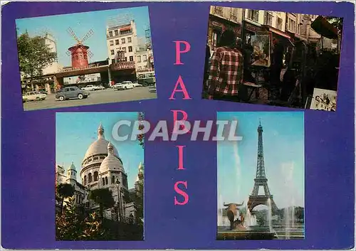 Cartes postales moderne Paris Le Moulin Rouge Place du Tertre le Sacre Coeur la Tour Eiffel